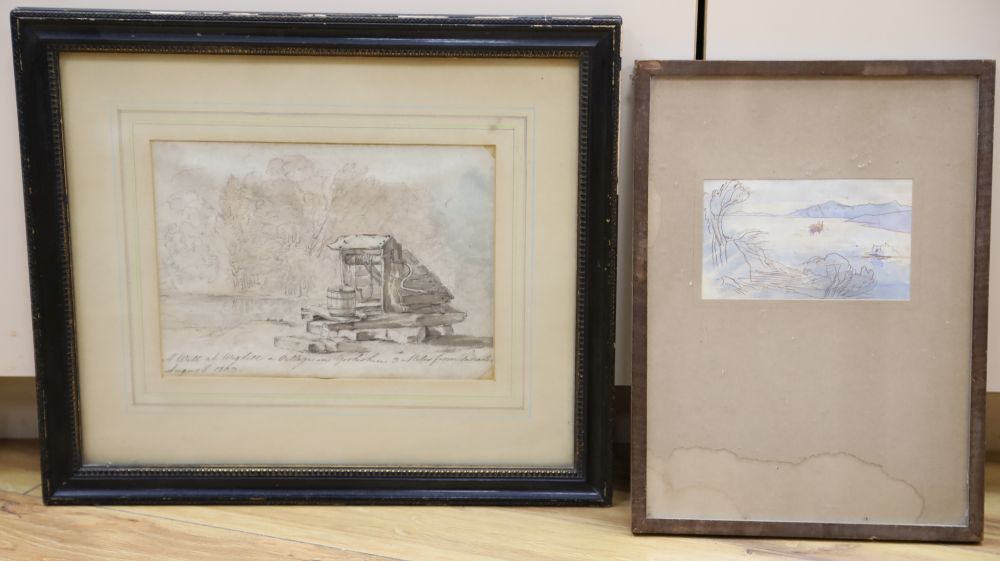 Attributed to Francis Towne (1739-1816), ink and watercolour, Eastern mediterranean landscape, 7 x 12.5cm and a sketch of a whale at Wi